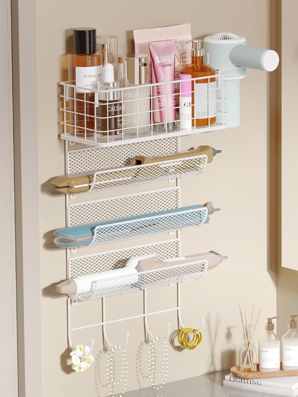 Wall-Mounted Hair Dryer Holder Styling Tool Organizer 4-Shelf Storage Wire Baske